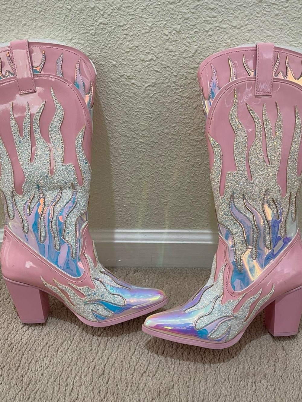 YRU Pink Iridescent Space Cowgirl Flame Heeled Cowboy Boots